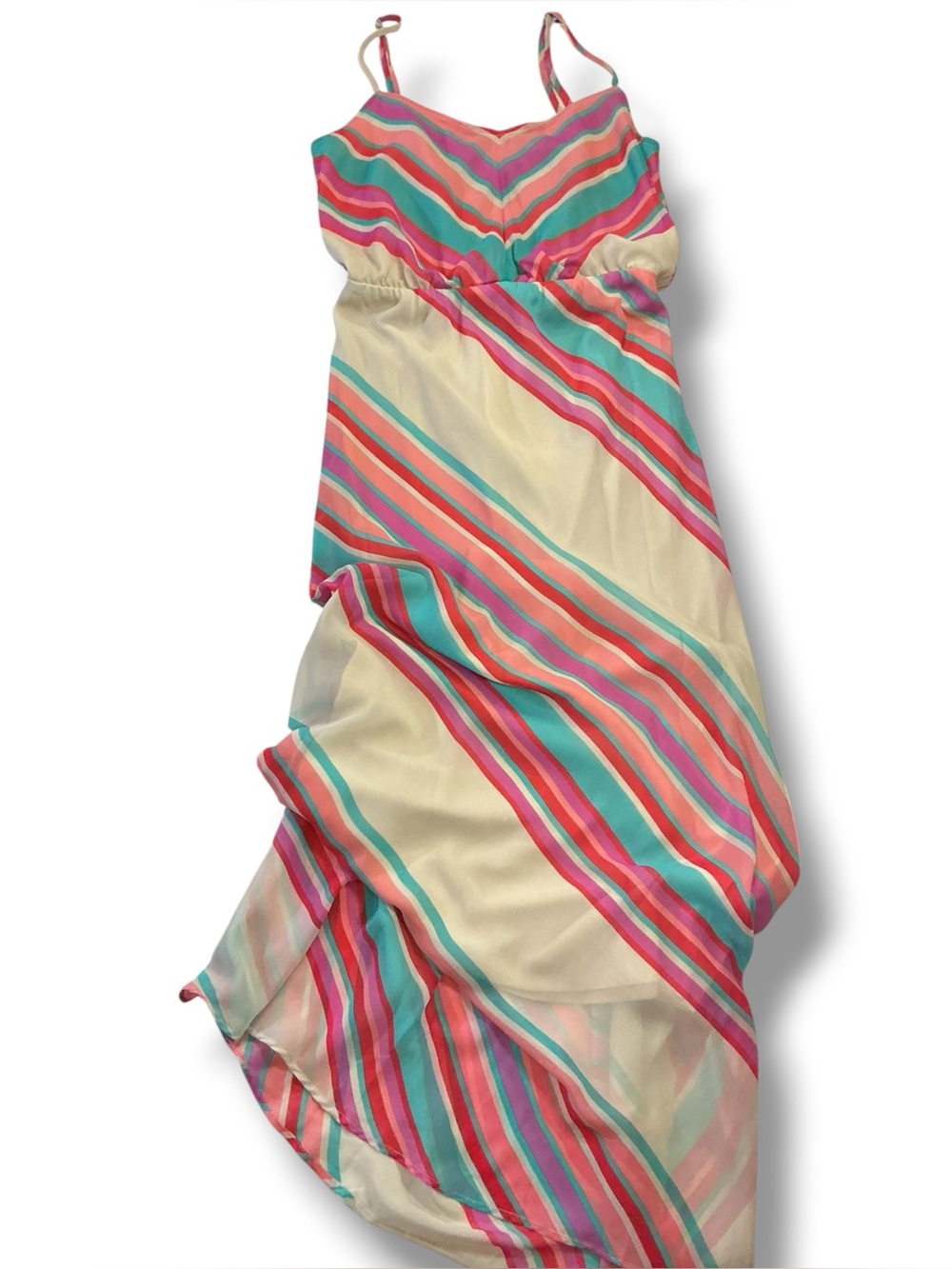 HeartSoul Chic Flowy Striped Spaghetti Strap Maxi Dress in Teal, Coral & Red SzL